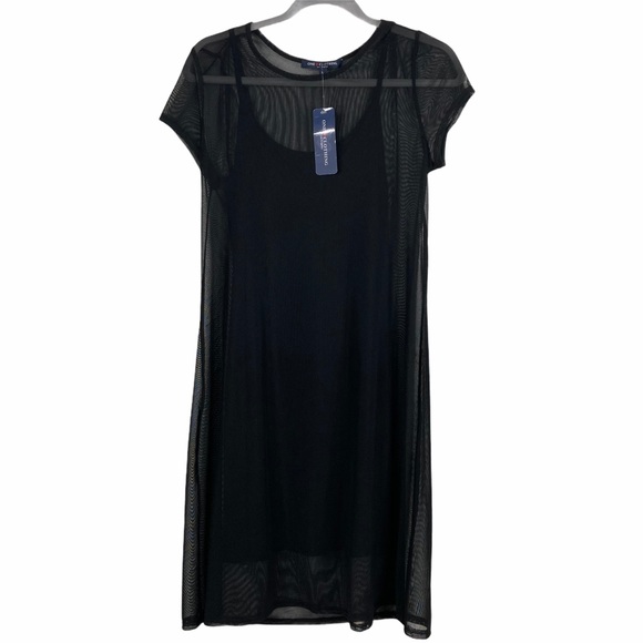 one clothing Dresses & Skirts - Short sleeve black mesh lined midi dress